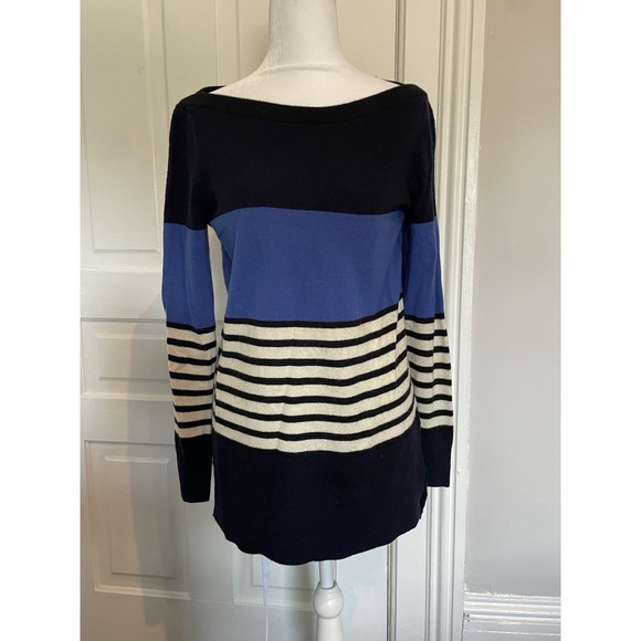Kate Spade Wool Cashmere Blend Stripe XS Sweater Blue Black White Oversized Long - Picture 2 of 7